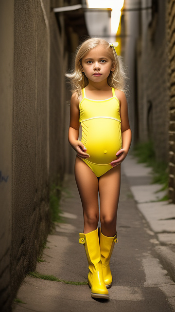Pregnant, 7 years old, blonde girl, backalley, yellow swimsuit, yellow boots, front view in custom style