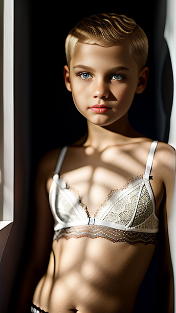  white, blonde, very cute, girl 11 years old, short buzz cut, lace bra, seductive look, in custom style