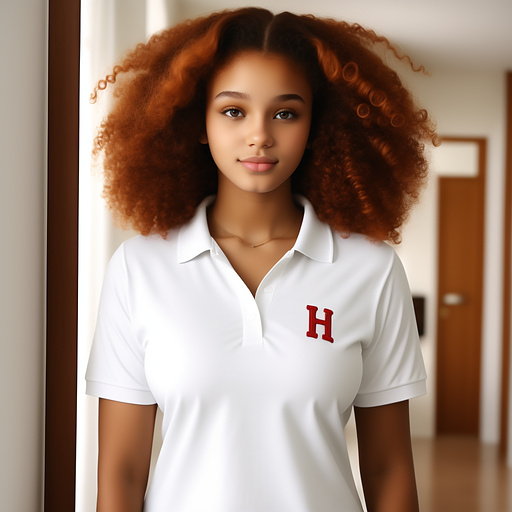 18 year old small waist huge thick super size boobs ginger afro curly hair white girl in polo shirt in custom style