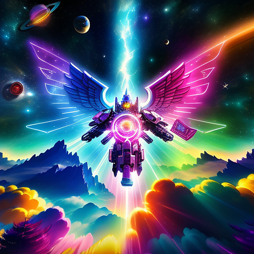 A cheerful transformer flies through space against the backdrop of planets. in angelcore style