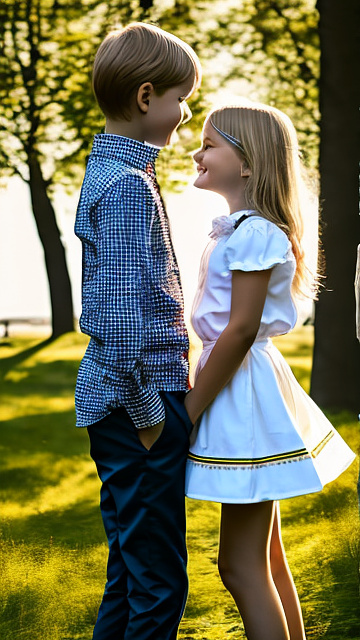 A romantic moment between swedish childhood couple. the grade-5 boy is groping the hips of sexy grade-5 girl, wearing her swedish modern clothes.  in custom style