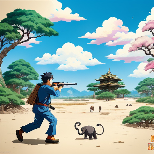 A monkey having a bazooka in his hand and shooting an elephant on the beach  in anime style