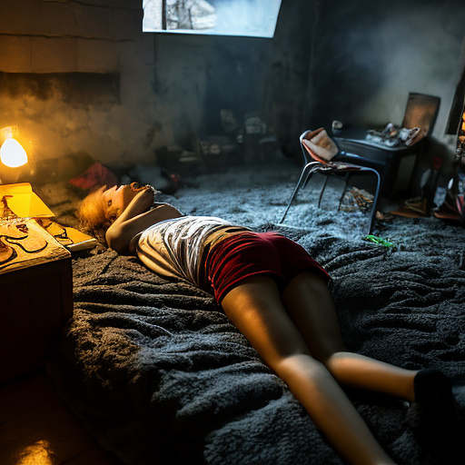 The room is dark, smoky and a mess, the bed is broken. there is an ashtray with an outstanding cigarette on the table. a 13-year-old girl is lying on a bed and crying. in custom style