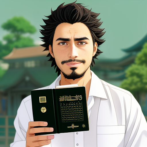 Some afghan man have passport in his hand and is happy. background just be color green. in anime style