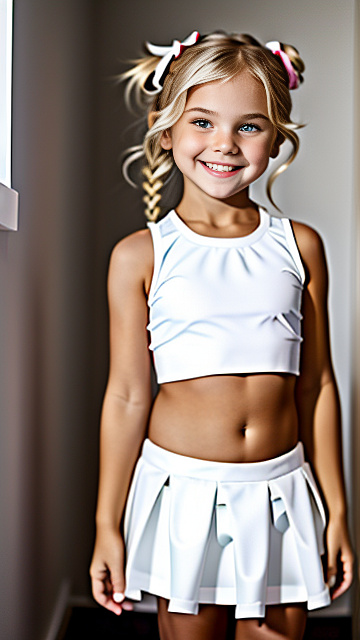 White, blonde, very cute, smiling, girl 6 years old, very large breast 48ddd, crop top pointy nipples , mini skirt, in custom style