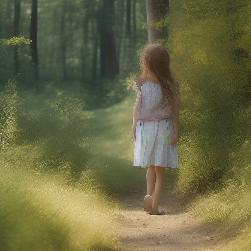 A 9-year-old girl is walking along a forest path. it's evening. she has a basket in her hand. view from behind. in custom style