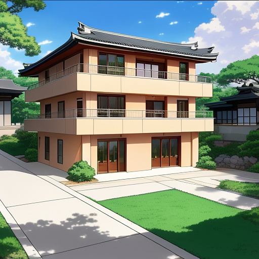 View of a modern 1-story villa building in anime style
