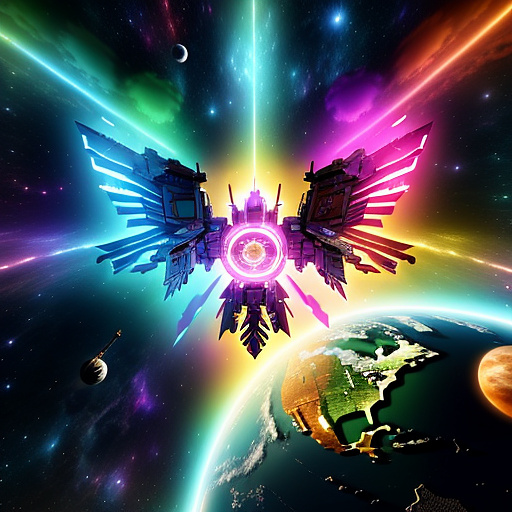 A cheerful transformer flies through space against the backdrop of planets. in angelcore style