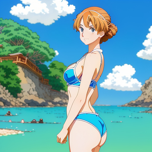 A woman in a two piece swimsuit in anime style