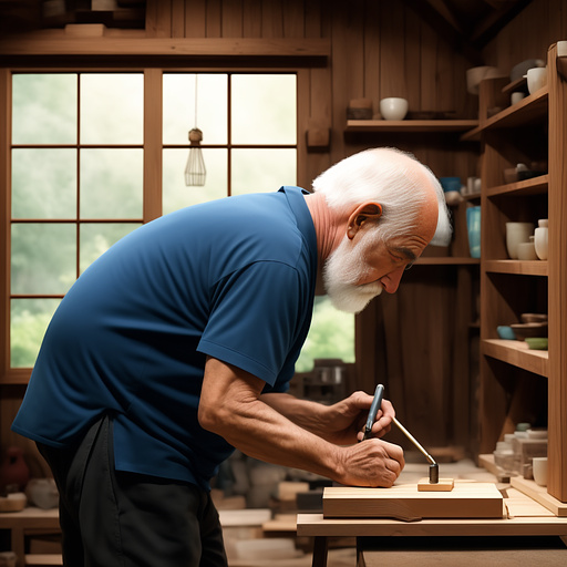 An old man carpenter making a small house in anime style