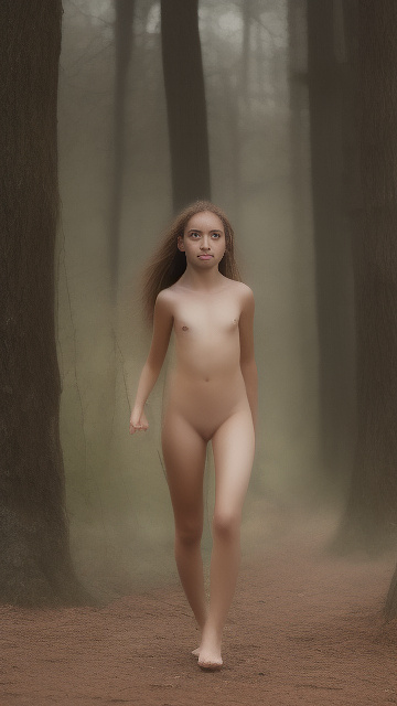 A 9-year-old naked girl is walking through the woods alone. in custom style