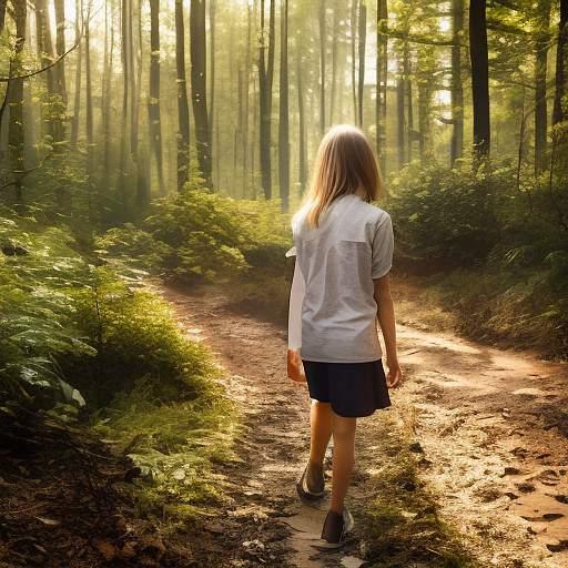 A tired 9-year-old girl is walking along a forest path. it's evening. she has a basket in her hand. view from behind. in custom style