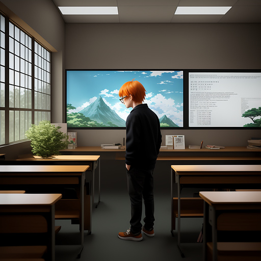 A kid with acne and orange hair, that wears glasses sitting in school at his death shaking his head, while spinning a pencil . the caption above should say “big lib” in anime style