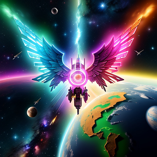 A cheerful transformer flies through space against the backdrop of planets. in angelcore style