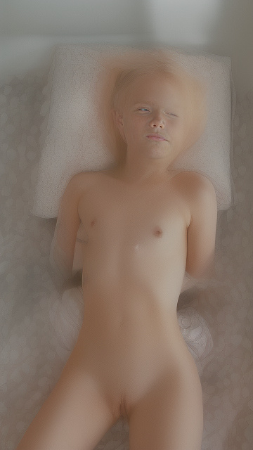 A 7-year-old girl lies naked on a bed and masturbates. in custom style