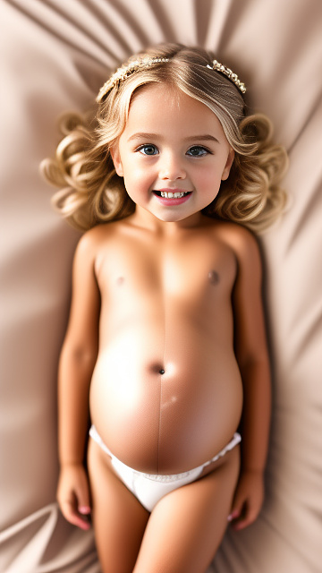Realistic, detailed, 4-year-old blonde girl, pregnant, tan wedding outfit, showing belly, laying in bed, top down full body view, red blush, tan skin, mouth open, milk  in custom style