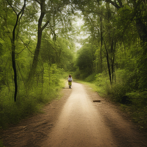 A tired 9-year-old girl is walking along a forest path. it's evening. she has a basket in her hand. she's wearing a panama hat. view from behind. in custom style
