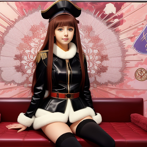 Turkish girl, black leather jacket with big fur collar, skirt, sits on fur covered throne  in anime style