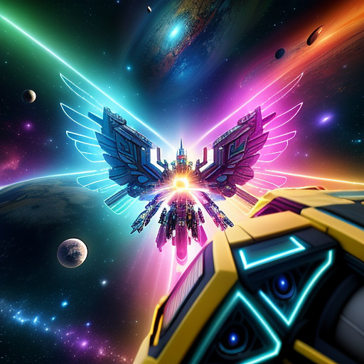 A cheerful transformer flies through space against the backdrop of planets. in angelcore style