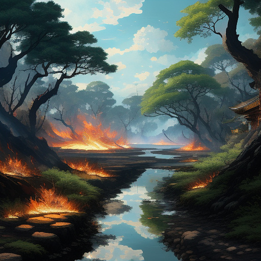 Elf female running from the fire, on background right side forests in fire, on the left side still unttouched green forest, she runs at the viewer, with scared look, her right arm has fresh burns in anime style