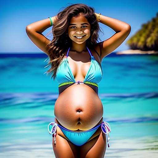Pregnant 13-year-old girl wearing a bikini while showing her 700 weeks belly to the camera  in custom style