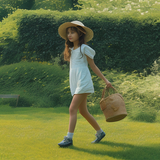 A girl is skipping across a sunny lawn. she has a basket in her hands and a hat on her head. in custom style