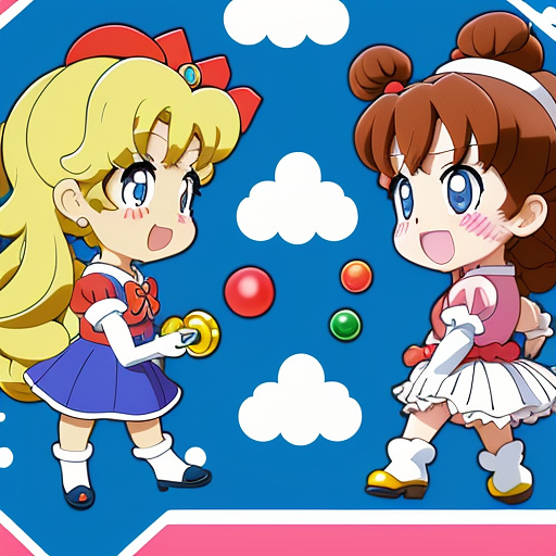 Super mario bros with sailor moon with bubbles of the powerpuff girls, side by side, each figure keeping their drawing styles in anime style