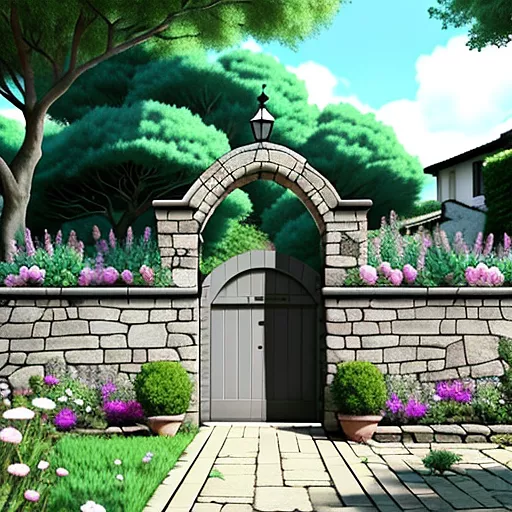 A cute grey fluffy cat in a beautiful garden with stone walls in anime style