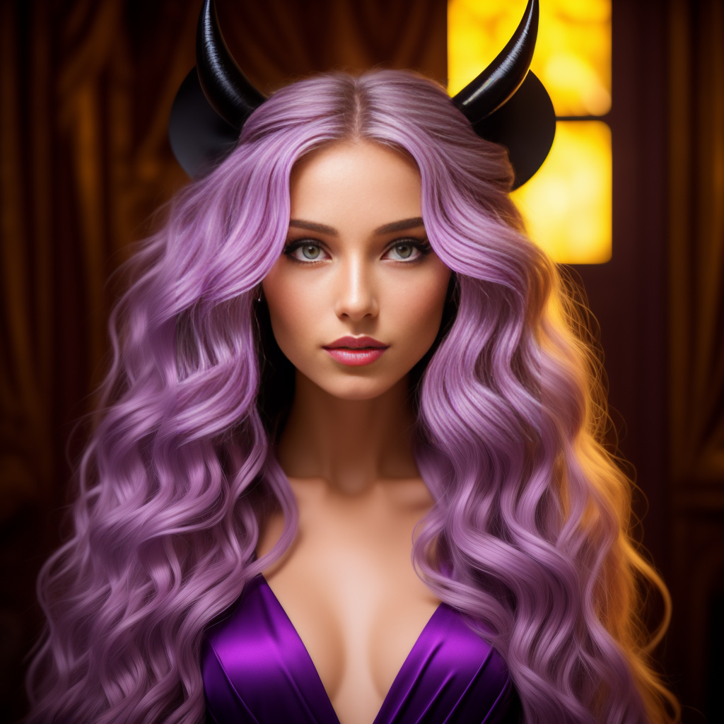 Female, long curly blonde hair, hazbin hotel, queen, purple dress, purple eyes, evil, demon, golden hour, cannibal in disney painted style