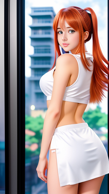 Hot e-girl, front facing, large chest, big breasts, tight shirt with a boob window, mini skirt in anime style