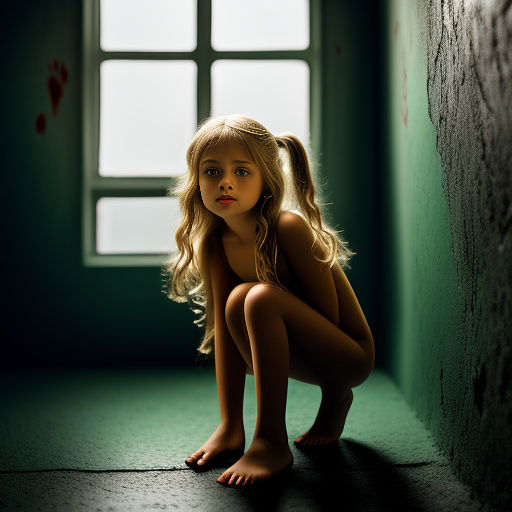 7 year old girl, blonde hair, green eyes, completely naked, crouching on floor in dark room, drawing strange symbols on wall with blood. in realistic style
