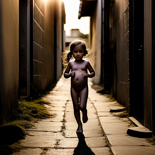 7-years-old, pregnant, nude, running, alleyway in custom style