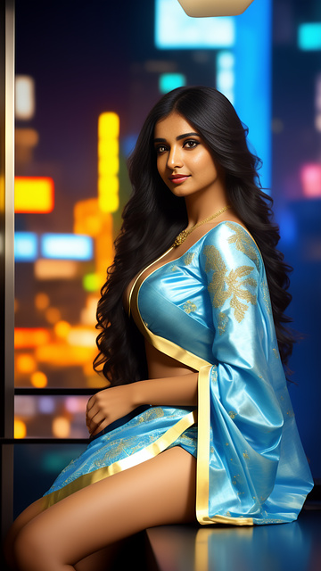 A beautiful young woman with long dark hair sits in a blue, white and gold dress. there's a dove on her finger and a cute indian girl with white skin and light brown hair. wear a pink and gold saree sexy figure staring at a dove on a friend's finger,ue5,naked,big bust,big cleavage,big chest,bare,slender body,white skin,very realistic,full body and smile,the background is bright and bright. in cyberpunk style