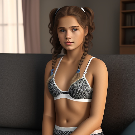 Ultra realistic a cute 14 year old german girl sits on the sofa in the living room in sexy underwear in custom style