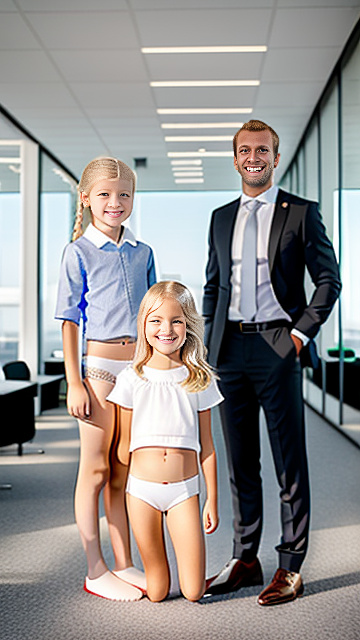 White smiling white 7 year blonde girl 7yr with 7yr body wearing a underwear on her  knees,  next to blond 30-year-old-business man standing next her, both people shown in picture, girl is 7yr facing man is 30yr in custom style