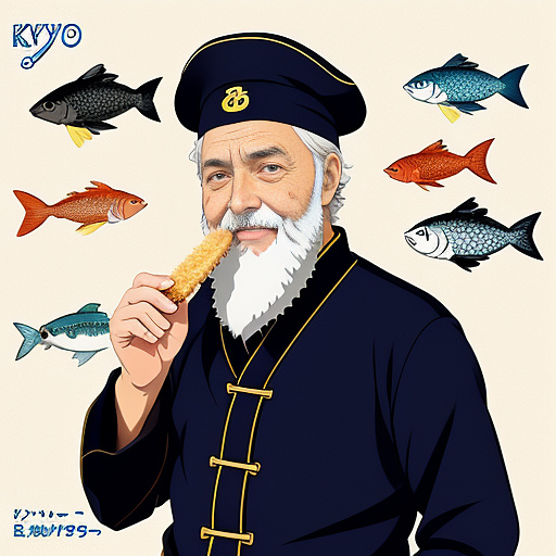 Captain birdseye eating his own fish fingers and looking so happy. in anime style