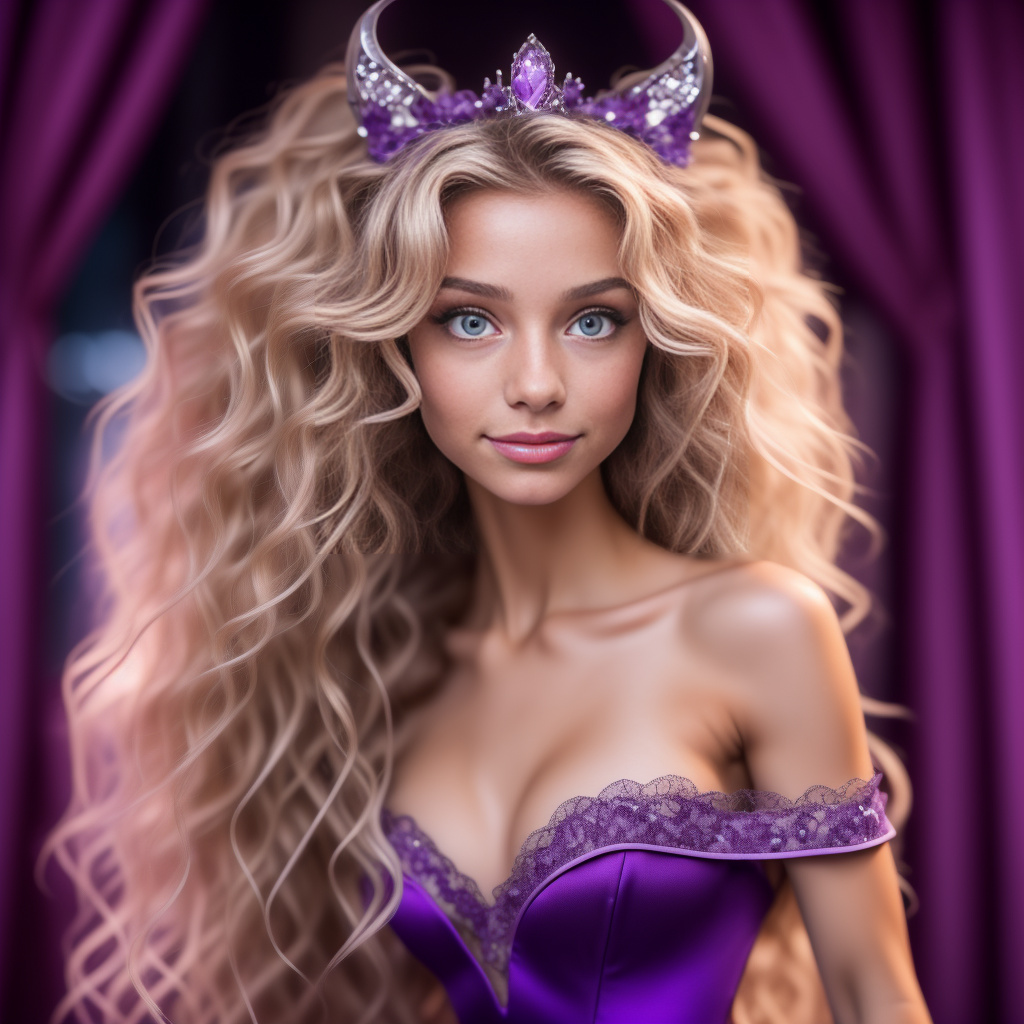 Female, medium curly blonde hair, hazbin hotel, queen, purple dress, purple eyes
 in disney painted style