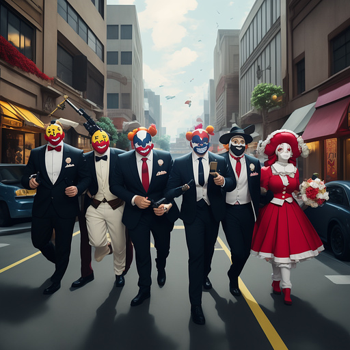 The payday gang joking around as they crack a bank vault. they are wearing a different clown mask, holding different guns, and wearing different two-peice suits. in anime style