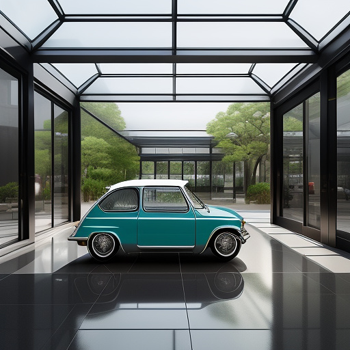 T-shaped glass-and-metal vehicle display pavilion, a contemporary reinterpretation of a historic orangery.
strong central axis with two subtly non-rectangular wings forming clear spatial hierarchy. fully transparent envelope with low-iron glass, slender black steel structure, vaulted glass roof. ford model t as the central hero vehicle, fiat 600 (1955–1969) in one wing, 1965 puch brommer moped in the opposite wing. spaces designed as calm, gallery-like experience zones, not parking. daylight-driven illumination, soft natural light, refined museum atmosphere, restrained garden context. high-realism contemporary architectural visualization, elegant proportions. in anime style