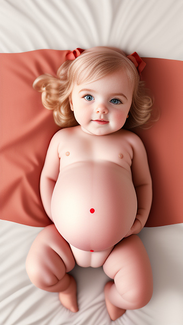 Realistic, detailed, 2-year-old blonde girl, in red peach dress, pregnant, laying in bed, top down full body view, red blush, right hand on belly   in custom style