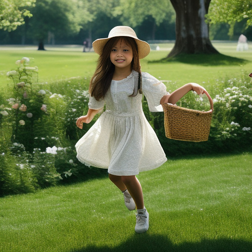 A girl is skipping across a sunny lawn. she has a basket in her hands and a hat on her head. in custom style