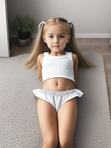 Realistic, detailed, 6-year-old girl, blonde hair, full-body, grey school mini-skirt, white under-vest, relaxing on floor, looking between her legs, muscular body and legs, tummy, in custom style