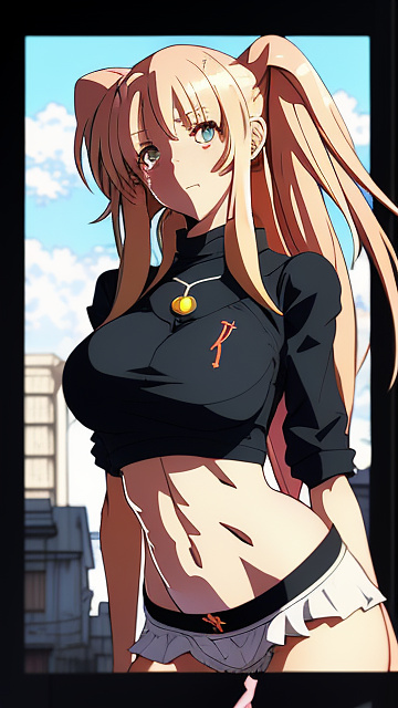 Hot e-girl, front facing, very large chest, very big breasts, tight shirt with a boob window, mini skirt, facing foreward, thin face, skinny, ripped clothes, cat girl in anime style