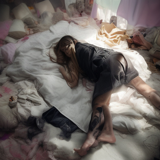 A 13-year-old girl is lying on a bed and crying. the room is dark and messy, the bed is broken. in custom style