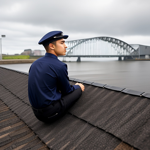 Schoolboy sat on roof looking at brunel bridge in plymouth with his back to us. dark and gloomy, he is wearing a blue shirt and a tie with large navy blue diagonal stripes and thin burgundy diagonal lines, dark sky in custom style