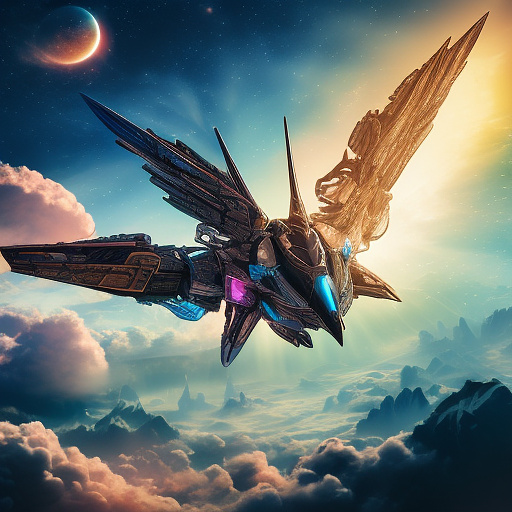 A cheerful transformer flies through space against the backdrop of planets. in angelcore style