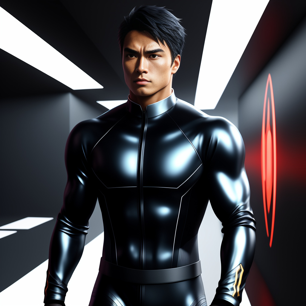 Create a hyper-realistic digital illustration of collin nguyen, an 18-year-old vietnamese american muscular hunk with jet-black hair, known as "phenomenon." he is wearing a sleek, copen blue and silver bodysuit that accentuates his powerful physique. collin is standing in a futuristic headquarters, intently reading a digital display that projects his precognitive assessment powers. his expression conveys intense focus as he analyzes all possible outcomes of a situation. render the scene in the dynamic and vibrant style of alex ross, with sharp lines, saturated colors, and detailed textures. ensure the lighting emphasizes the metallic sheen of his suit and the digital glow of the display, creating a dramatic contrast. add subtle reflections and shadows to enhance the realism of the environment. in anime style