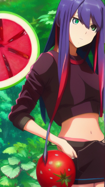 Pixel art style, sixteen color palette, woman, blue skin, dark green hair, dark green pubic hair, wearing hat, feeding a dimetrodon with watermelon in anime style