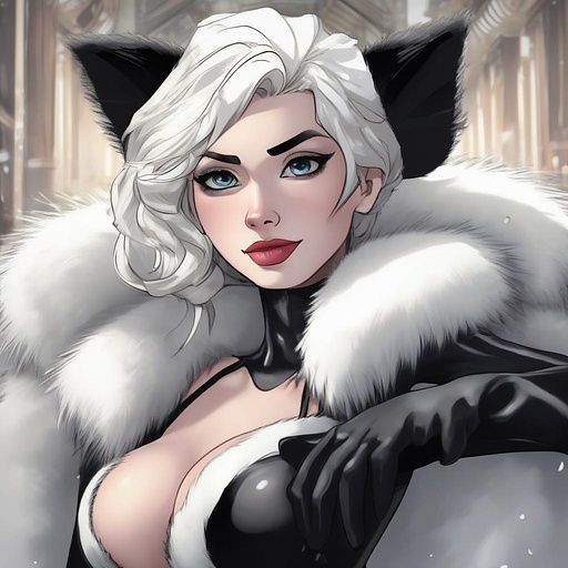 Elsa as cruella wear a white fur coat and black latex suit and black boots  in anime style