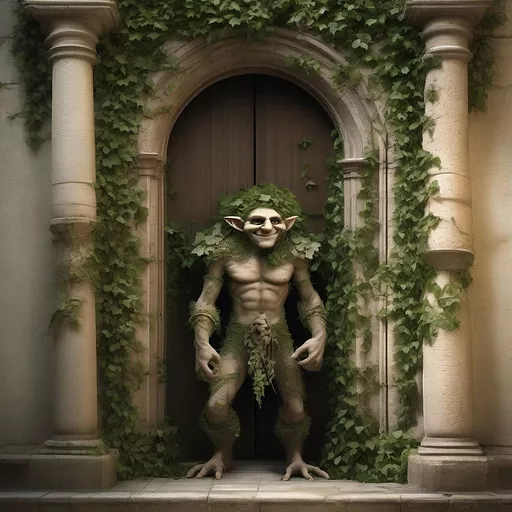 Troll standing at tall castle doors entrapped by live ivy that grows from the ceiling in fantasy style